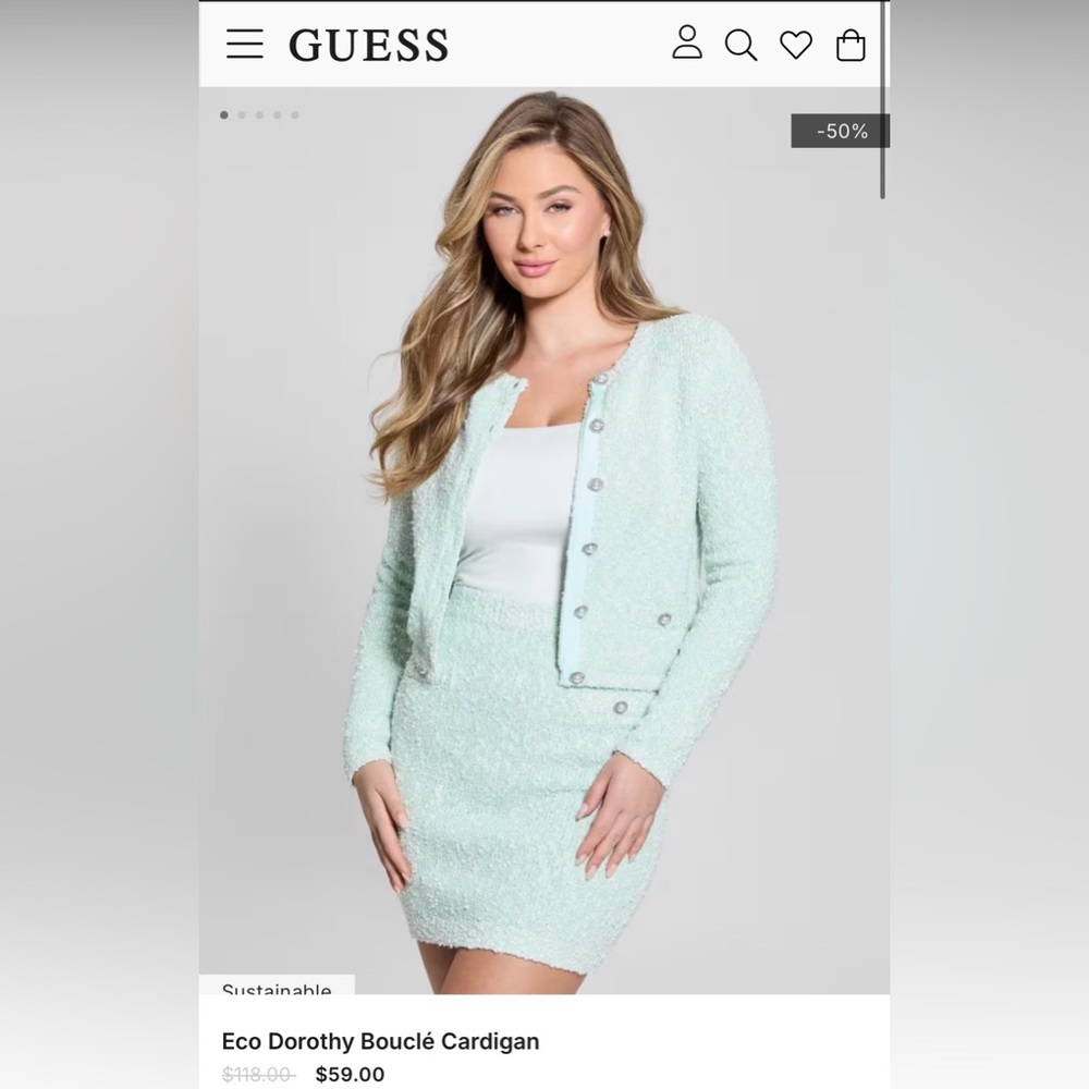 Guess Light Green Bouclé Cardigan and Skirt Ensemble
